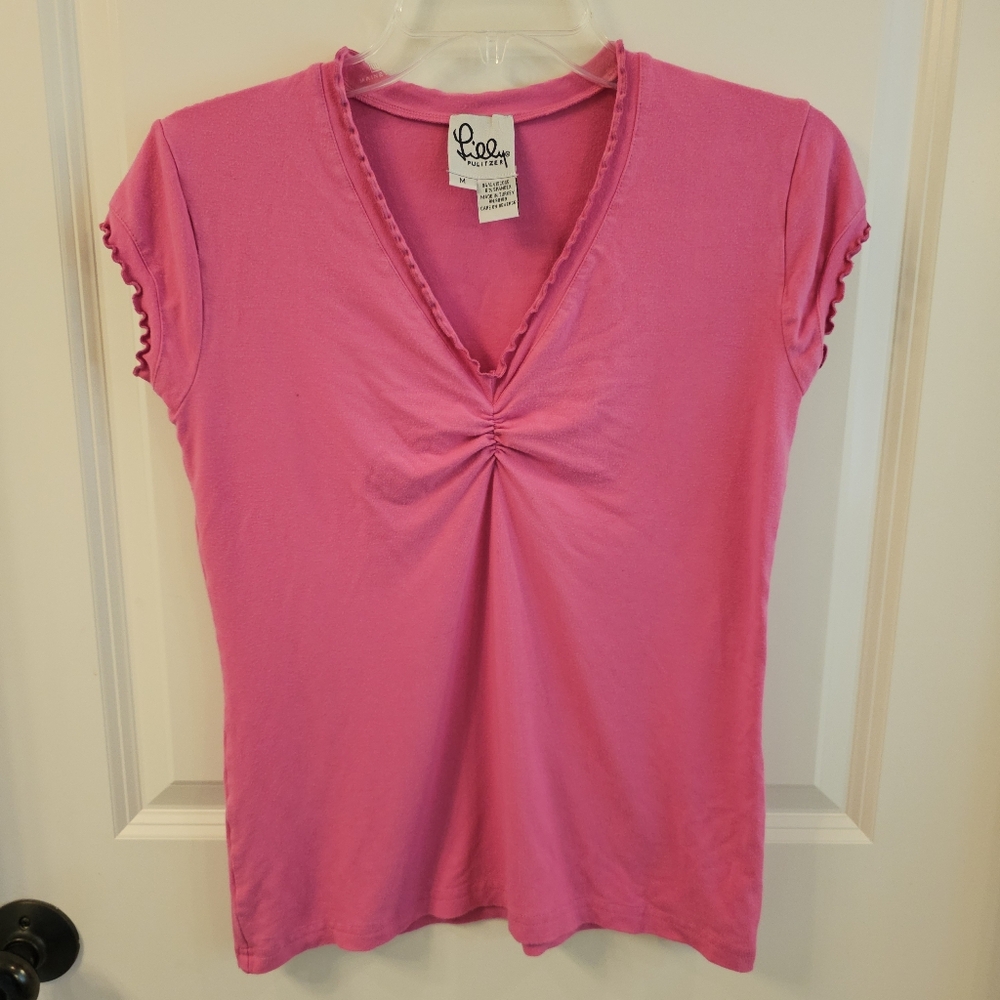 Lilly Pulitzer Women's White Tag Pink  V-Neck Cap Sleeve Top | Size M